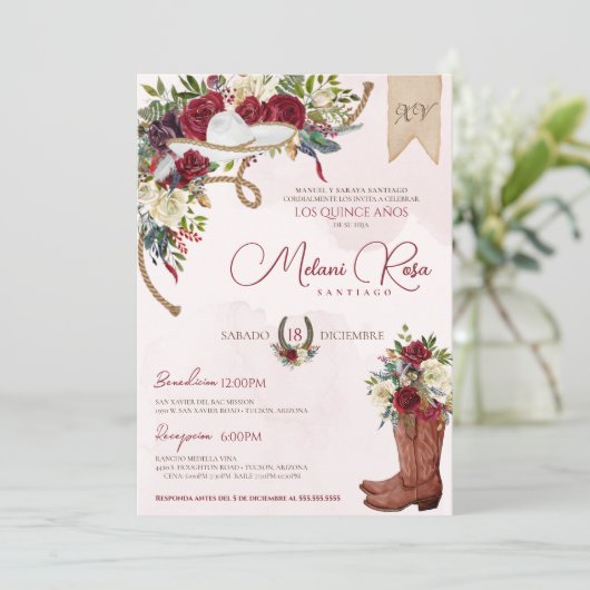 Rose "Red White Winter Charro Spanish Quinceanera" Einladung (Stehend Vorderseite)