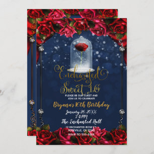 Rose Reds Navy Blue & Gold Sweet 16 Party Einladung