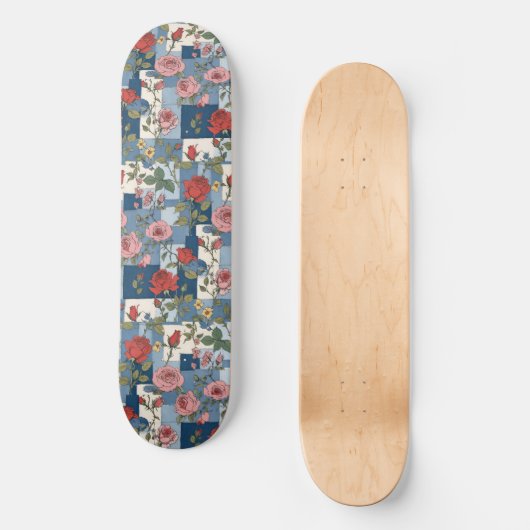 Rose Retro Blue Jean Denim Patchwork Floral Skateboard (Vorderseite)