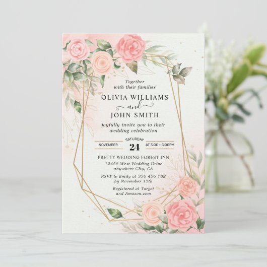 Rose Romantische Wasserfarbe Hochzeitsrosa F019 Einladung (Stehend Vorderseite)