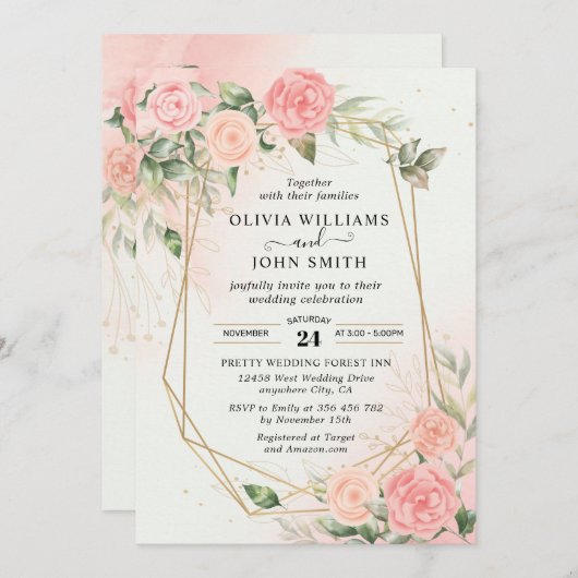 Rose Romantische Wasserfarbe Hochzeitsrosa F019 Einladung (Vorne/Hinten)