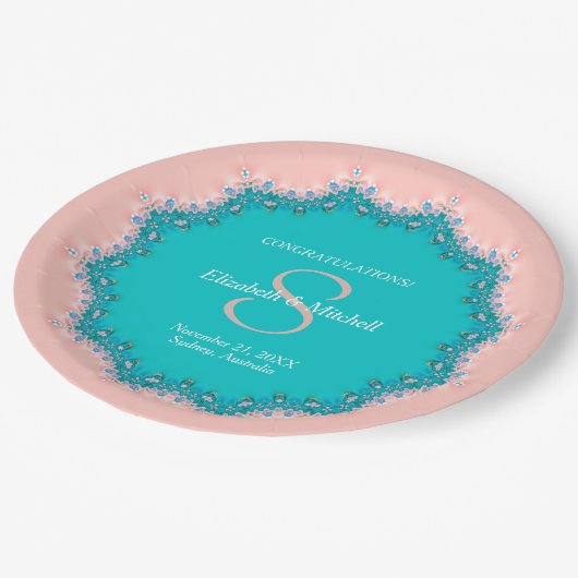 Rose Rosa + Aquamarine Hochzeitsfeier Pappteller (Schrägansicht)