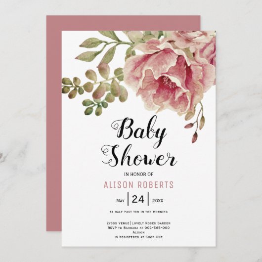 Rose Rosa Aquarell Blume Babydusche Einladung (Vorne/Hinten)