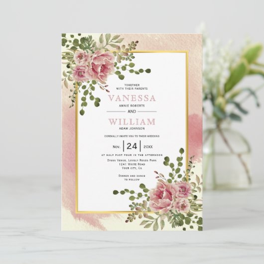 Rose Rosa Aquarellfarben Blume Blühende Hochzeit Einladung (Stehend Vorderseite)