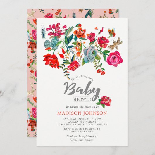 Rose | rosa | Babydusche | Aufforderungen Einladung (Vorne/Hinten)