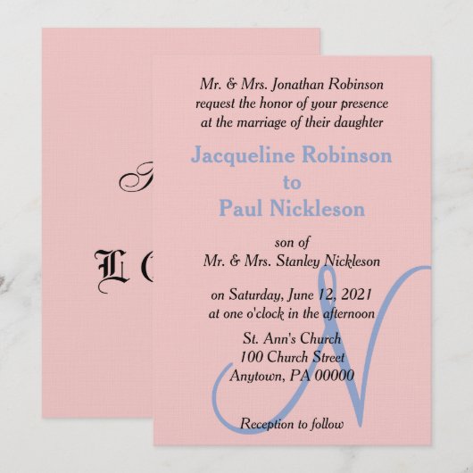 Rose Rosa blaue Pastellfarben Monogramm Einladung (Vorne/Hinten)