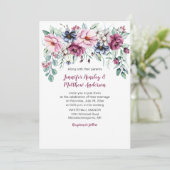 Rose, rosa, blaue Wasserfarben, Blütenfallen Hochz Einladung (Stehend Vorderseite)