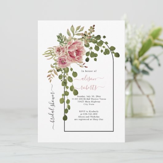 Rose rosa Blume Bogen Hochzeitsfest Brautparty Einladung (Stehend Vorderseite)