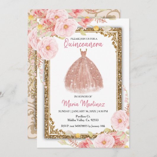 Rose Rosa Blume Quinceanera Einladung (Vorne/Hinten)