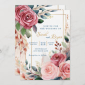 Rose Rosa Blumengrün Boho Hochzeit Einladung (Vorne/Hinten)