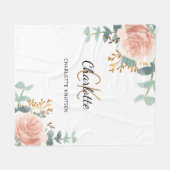 Rose Rosa Blumengrün Monogramm Name Fleecedecke (Vorderseite (Horizontal))