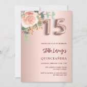 Rose Rosa Blumengrün Quinceanera Einladung (Vorderseite)