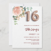 Rose Rosa Blumengrün Sweet 16 Luxus Einladung (Vorderseite)