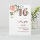 Rose Rosa Blumengrün Sweet 16 Luxus Einladung (Stehend Vorderseite)