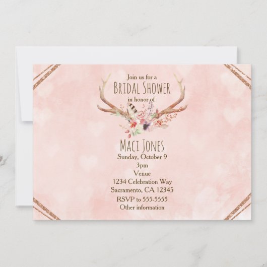 Rose Rosa Blumenrosa Hirschgeweihe Einladungen (Vorderseite)
