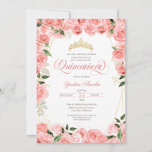 Rose Rosa Blush & Gold Glam Elegantes Quinceanera Einladung (Vorderseite)