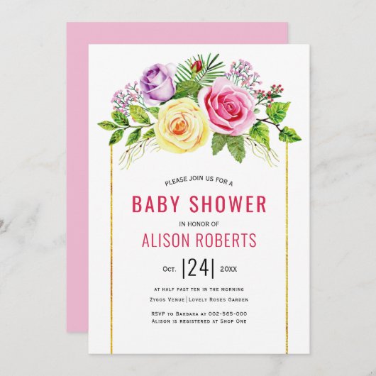 Rose Rosa Blütendusche Einladung (Vorne/Hinten)