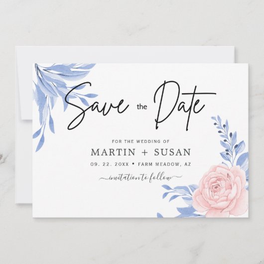 Rose Rosa Blütengoldminimale Dusty Blue Wedding Save The Date (Vorderseite)