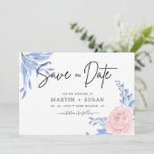 Rose Rosa Blütengoldminimale Dusty Blue Wedding Save The Date (Stehend Vorderseite)