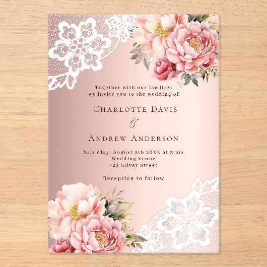 Rose Rosa Blütenhochzeit Acryleinladungen (Vorderseite)