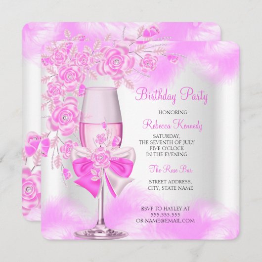 Rose Rosa Champagner Weißes Party Einladung (Vorne/Hinten)