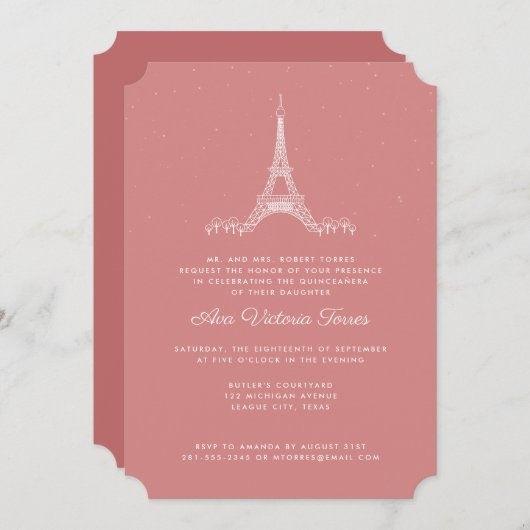 Rose Rosa Eiffelturm Unter den Sternen Quinceañera Einladung (Vorne/Hinten)