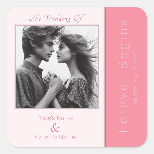 Rose Rosa Forever Beginnt Elegantes Foto Hochzeit Quadratischer Aufkleber (Vorderseite)