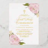 Rose Rosa Garten Rosa Erstkommunion Gold Folieneinladung (Vorderseite)