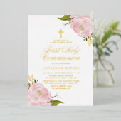 Rose Rosa Garten Rosa Erstkommunion Gold Folieneinladung (Stehend vorne)
