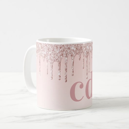 Rose Rosa Glitzer Monogramm Kaffeetasse (Vorderseite Links)