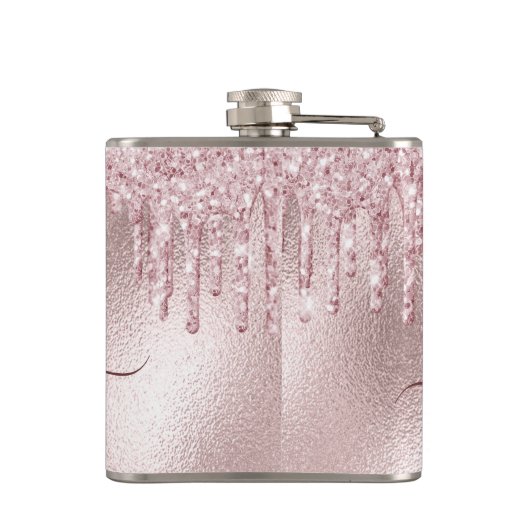 Rose Rosa Glitzer Tropfen Monogramm-Skript Flachmann (Rückseite)