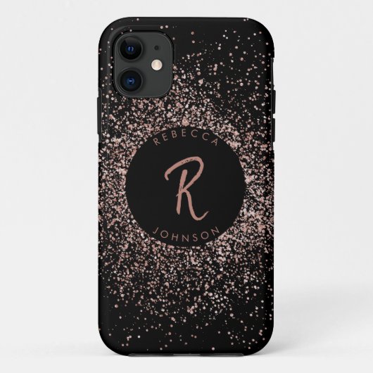 Rose Rosa Gold und Schwarz Monogramm Case-Mate iPhone Hülle (Rückseite)
