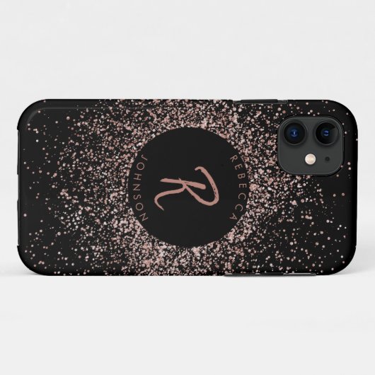 Rose Rosa Gold und Schwarz Monogramm Case-Mate iPhone Hülle (Rückseite (Horizontal))