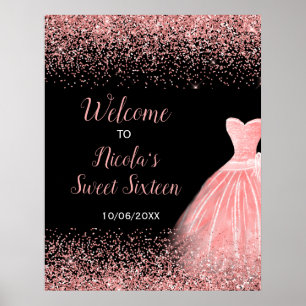 Rose Rosa Kleid Imitats Glitzer Sweet 16 Willkomme Poster