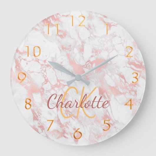 Rose Rosa Marmor Monogramm Name elegant Große Wanduhr (Vorderseite)