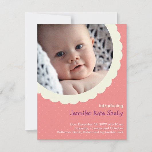 Rose Rosa Polka dot rosette Foto niedliche Geburt Ankündigung (Vorderseite)