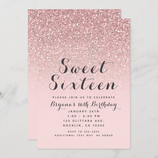 Rose Rosa Rosa Glitzer Sweet 16 Party Einladung (Vorne/Hinten)