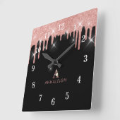 Rose Rosa Rosa Glitzer Tropfen Blumenmonogramm Quadratische Wanduhr (Winkel)