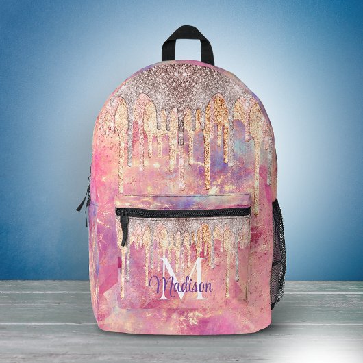 Rose Rosa Rosa Glitzer Tropfen Monogramm Bedruckter Rucksack