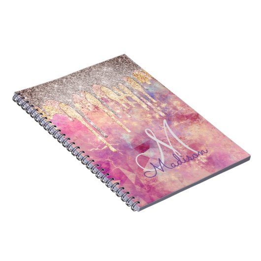 Rose Rosa Rosa Glitzer Tropfen Monogramm Notizblock (Rechte Seite)