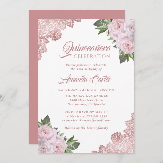 Rose Rosa Rosa Quinceñera 15. Geburtstag Einladung (Vorne/Hinten)