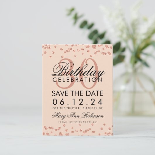 Rose Rosa Rosa Rett Geburtsdatum Confetti Save The Date (Stehend Vorderseite)