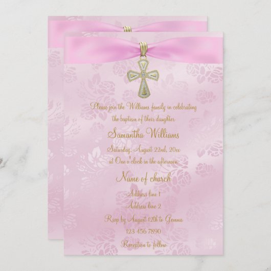 Rose, rosa Schleifen und Goldkreuz Einladung (Vorne/Hinten)