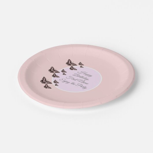 Rose Rosa Schmetterlinge Pappteller (Schrägansicht)