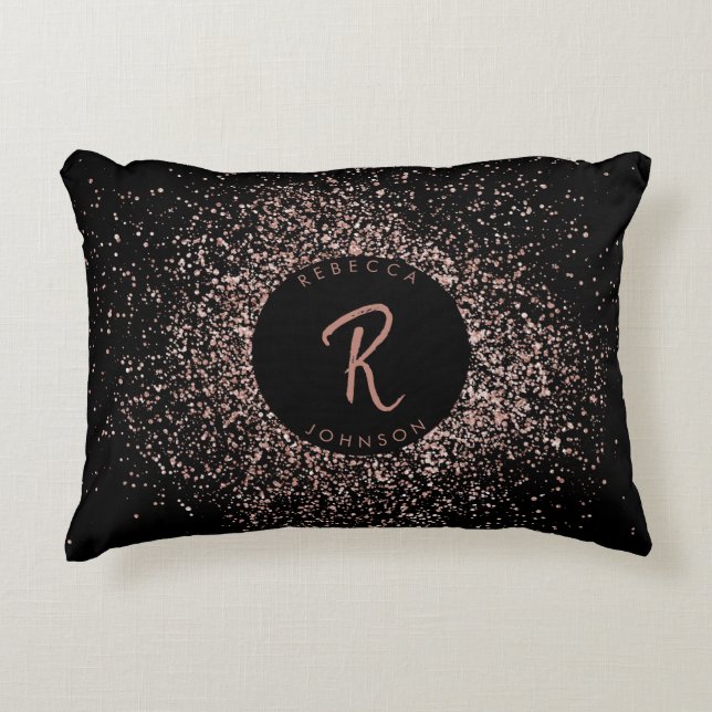 Rose Rosa Schwarz-Glitzer-Rahmen-Monogramm Dekokissen (Vorderseite)