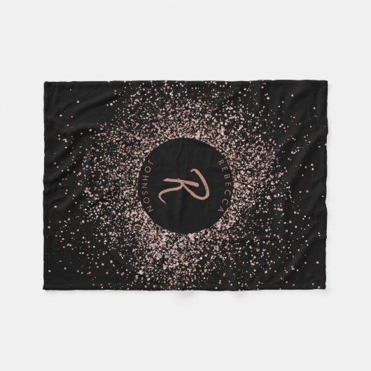 Rose Rosa Schwarz-Glitzer-Rahmen-Monogramm Fleecedecke (Vorderseite (Horizontal))