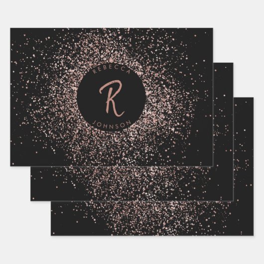 Rose Rosa Schwarz-Glitzer-Rahmen-Monogramm Geschenkpapier Set (Set)