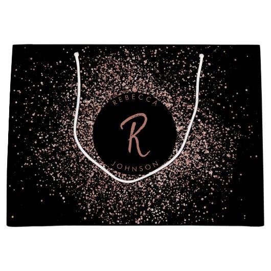 Rose Rosa Schwarz-Glitzer-Rahmen-Monogramm Große Geschenktüte (Vorderseite)