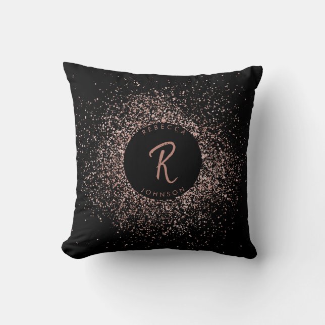 Rose Rosa Schwarz-Glitzer-Rahmen-Monogramm Kissen (Vorderseite)