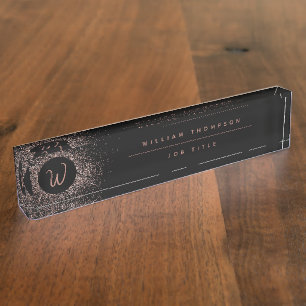 Rose Rosa Schwarz-Glitzer-Rahmen-Monogramm Namensplakette